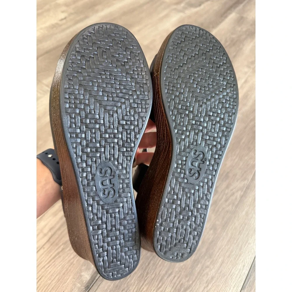 SAS Womens 9 M Navy Blue Leather Wedge Sandals Snakeskin Strap